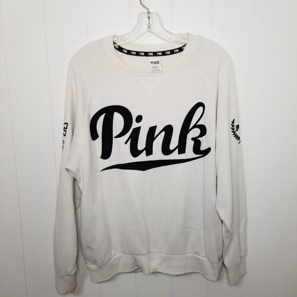 PINK Women's Spell Out Crewneck Sweatshirt White Black Size Small - Picture 1 of 8